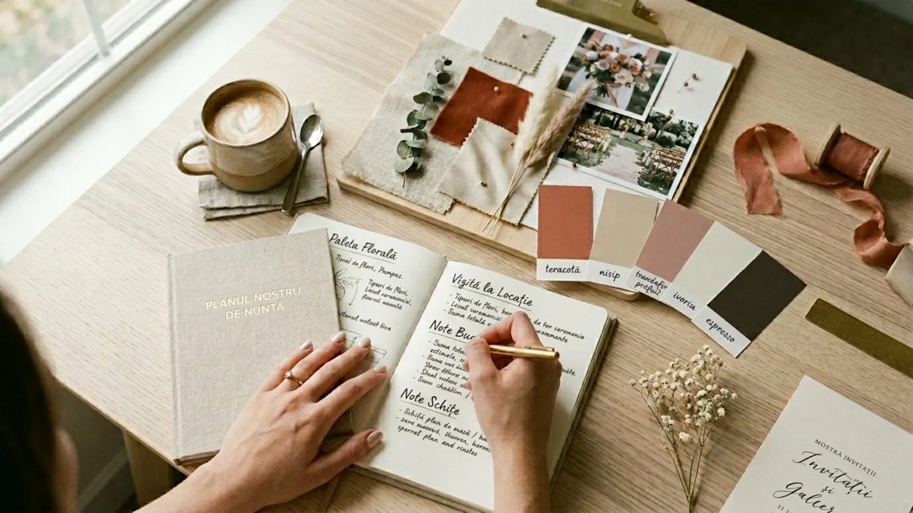 Sesiune de planificare a nunții — notebook, mood board și paletă de culori